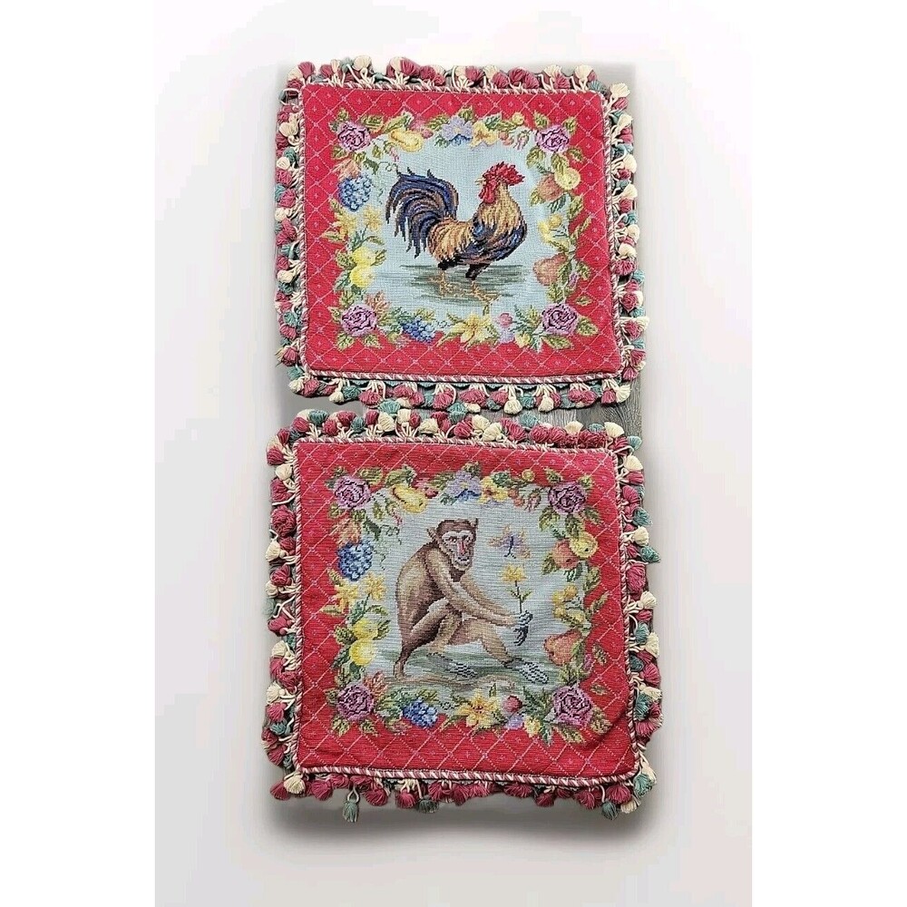 Vintage Monkey Rooster Y2K Needlepoint Pillow Case Set of Two 19" x 19" Floral